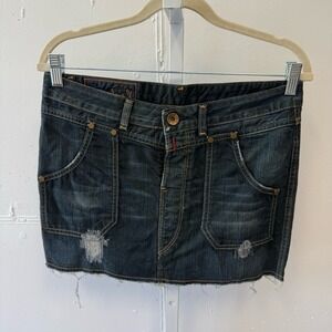 Replay Y2K Denim Mini Micro Denim Skirt Button Fly Distressed Dark Wash W27